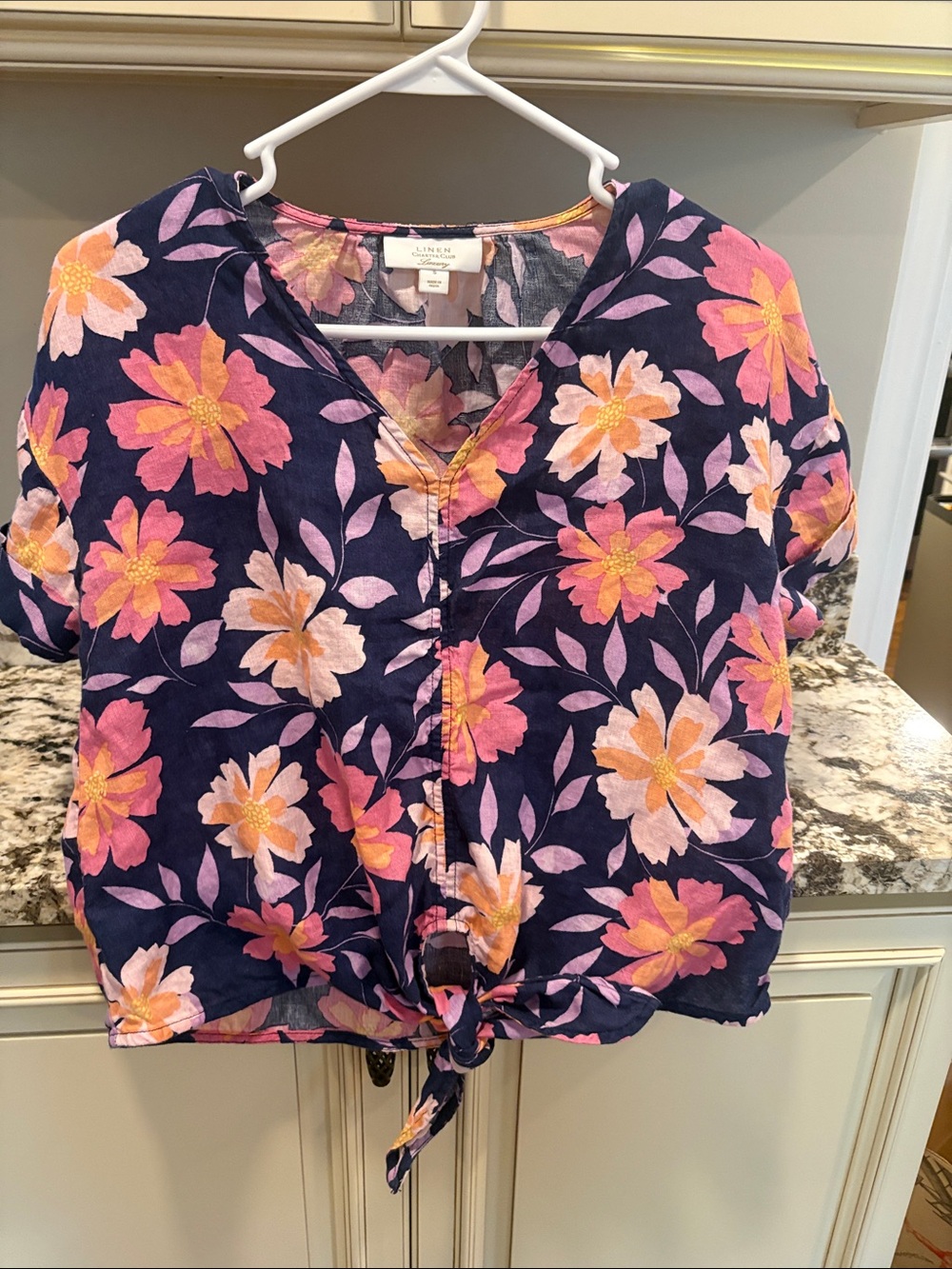 Luxury Charter Club Navy Floral Tie-Front Crop Top